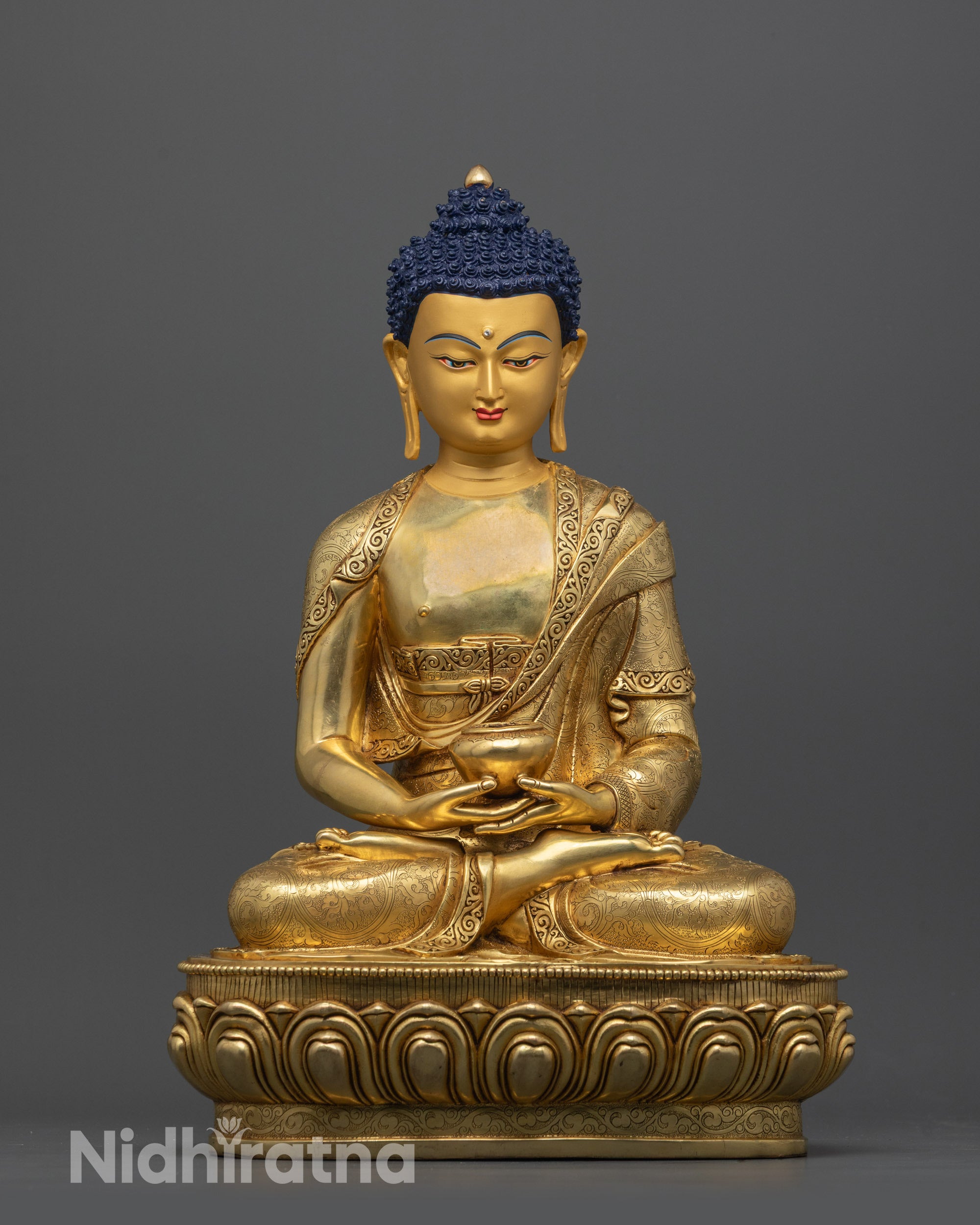 Front view of Pure Land Amida Buddha Statue with gold-gilded face and polished robe patterns