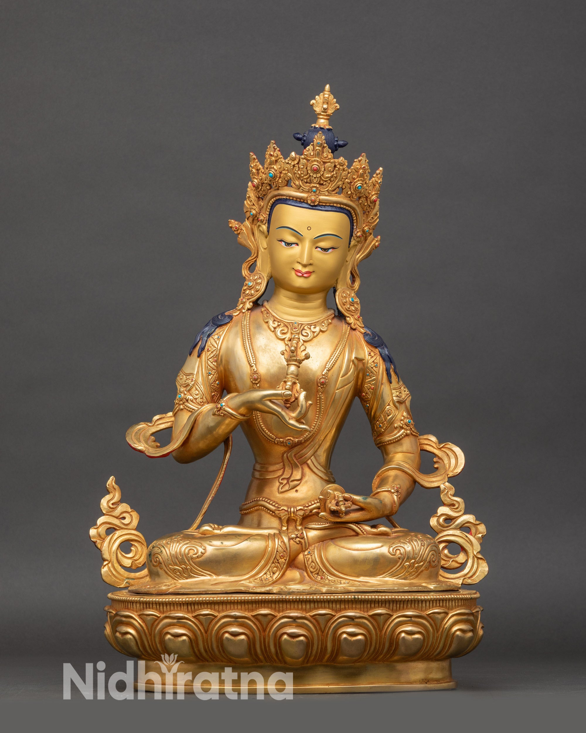 Front view of Purification Lord Dorje Sempa copper statue, gold fire-gilded, Nepalese Buddhist art