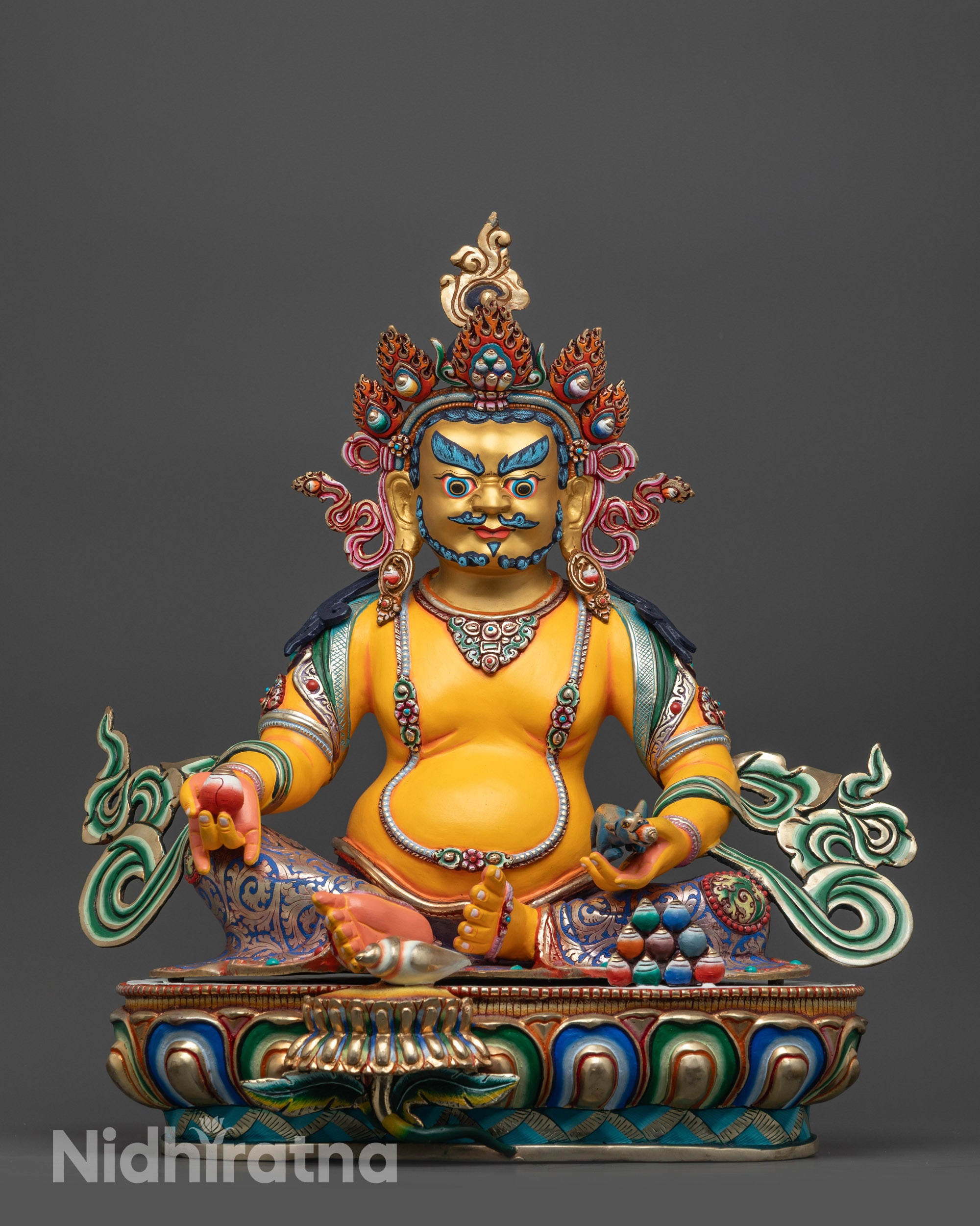 Front view of Radiant Yellow Dzambhala Statue with gold-gilded face and lotus seat details