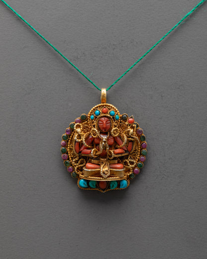 Front view of Red Crystal Chenrezig Locket with gold-gilded filigree and semi-precious stones, handcrafted by artisans from Patan, Nepal.