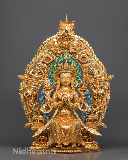 Front view of Religious Maitreya Buddha Statue with gold-gilded face and lion throne
