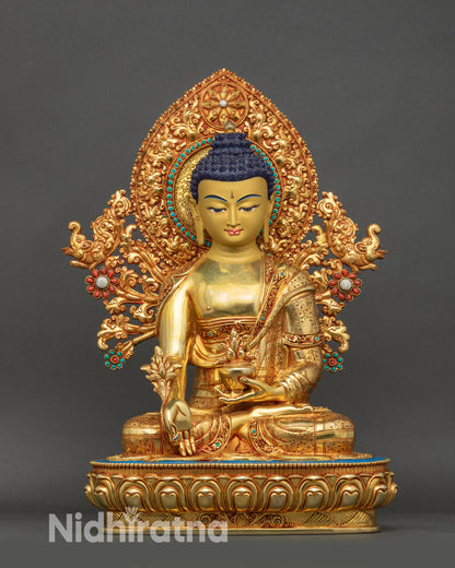 Front view of Sacred Medicine Buddha Statue, Nepalese copper, 24K gold-gilded