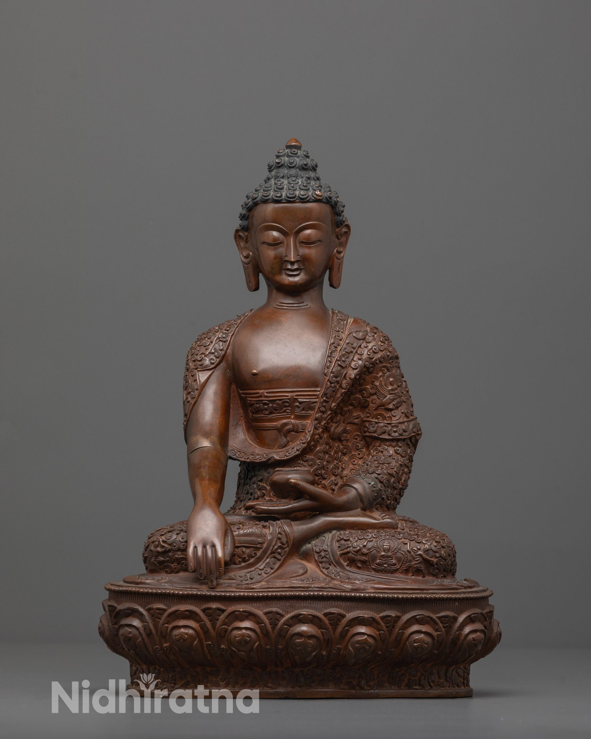 Front view of Sacred Oxidized Buddha Statue showing detailed robe and serene expression.