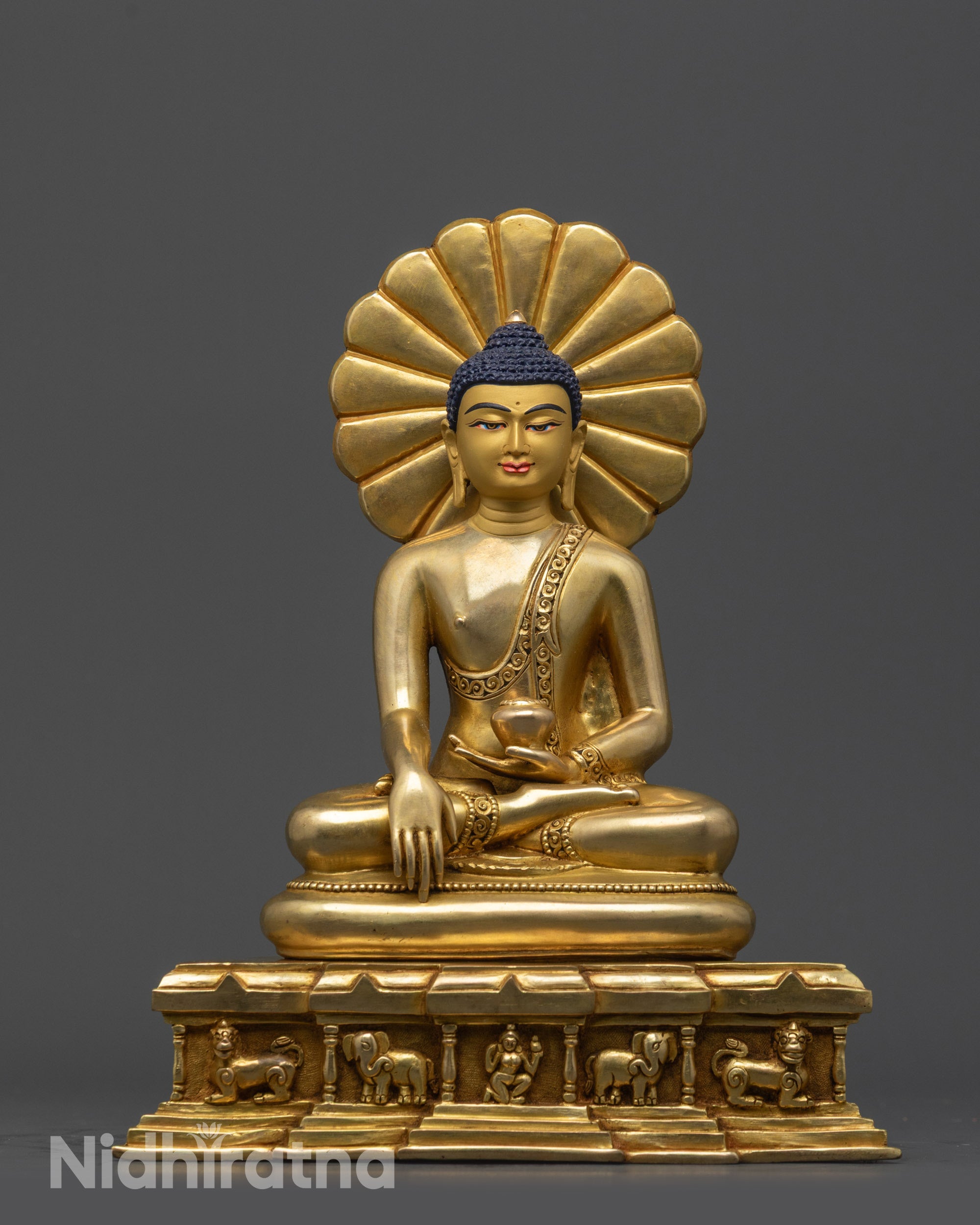 Front view of Sacred Shakyamuni Buddha Sculpture with gold-gilded face and lotus pose