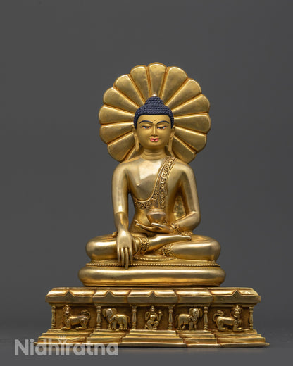 Front view of Sacred Shakyamuni Buddha Sculpture with gold-gilded face and lotus pose