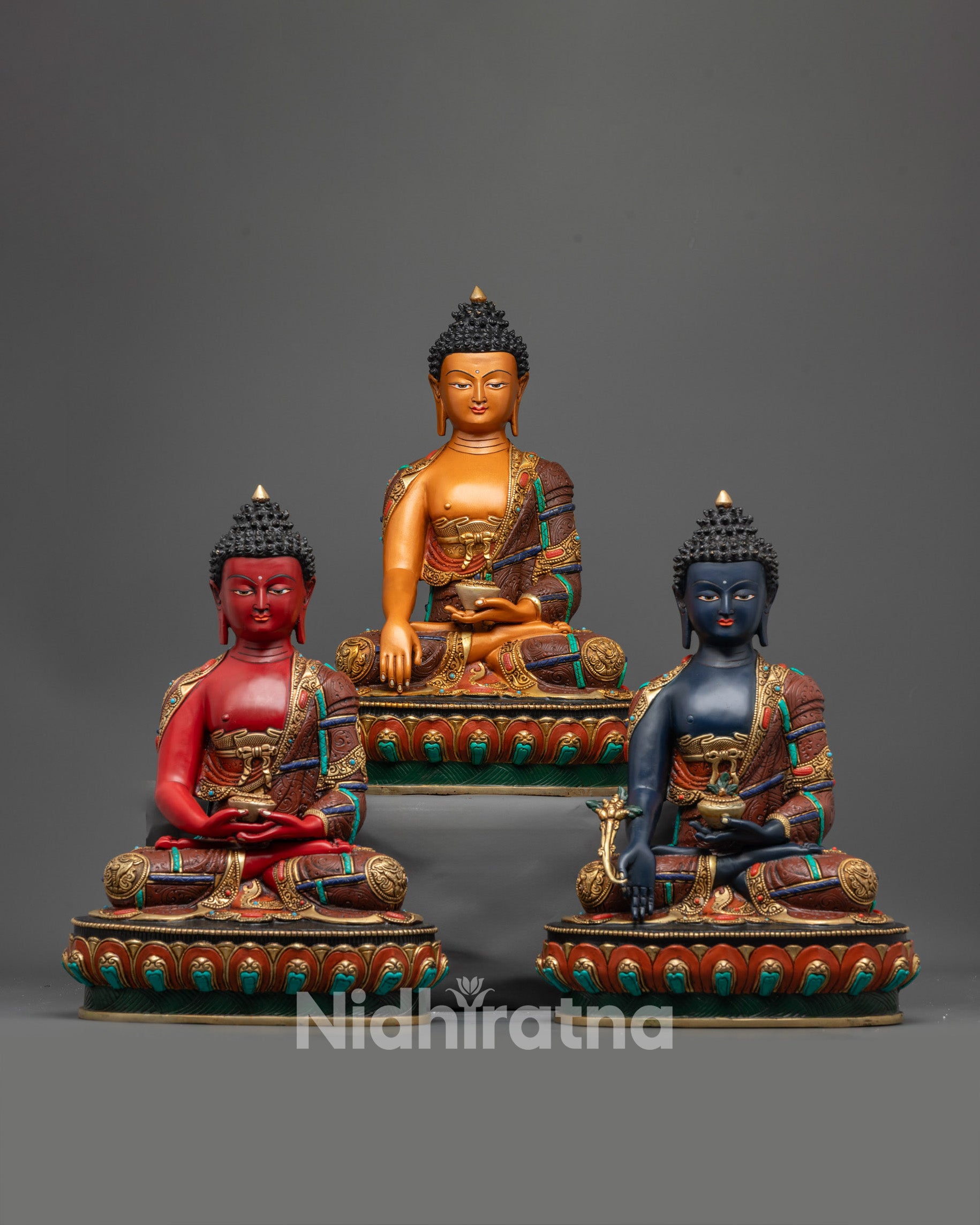 Front view of Sacred Three Buddha Set Amitabha Shakyamuni Medicine Buddha handcrafted copper statue