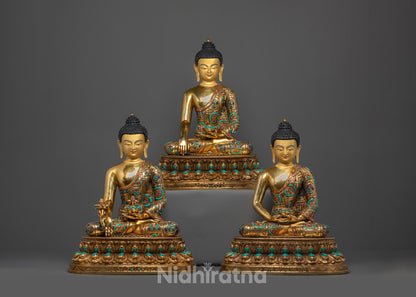 Front view of Sacred Three Buddha Set with gold-gilded faces and semi-precious stones