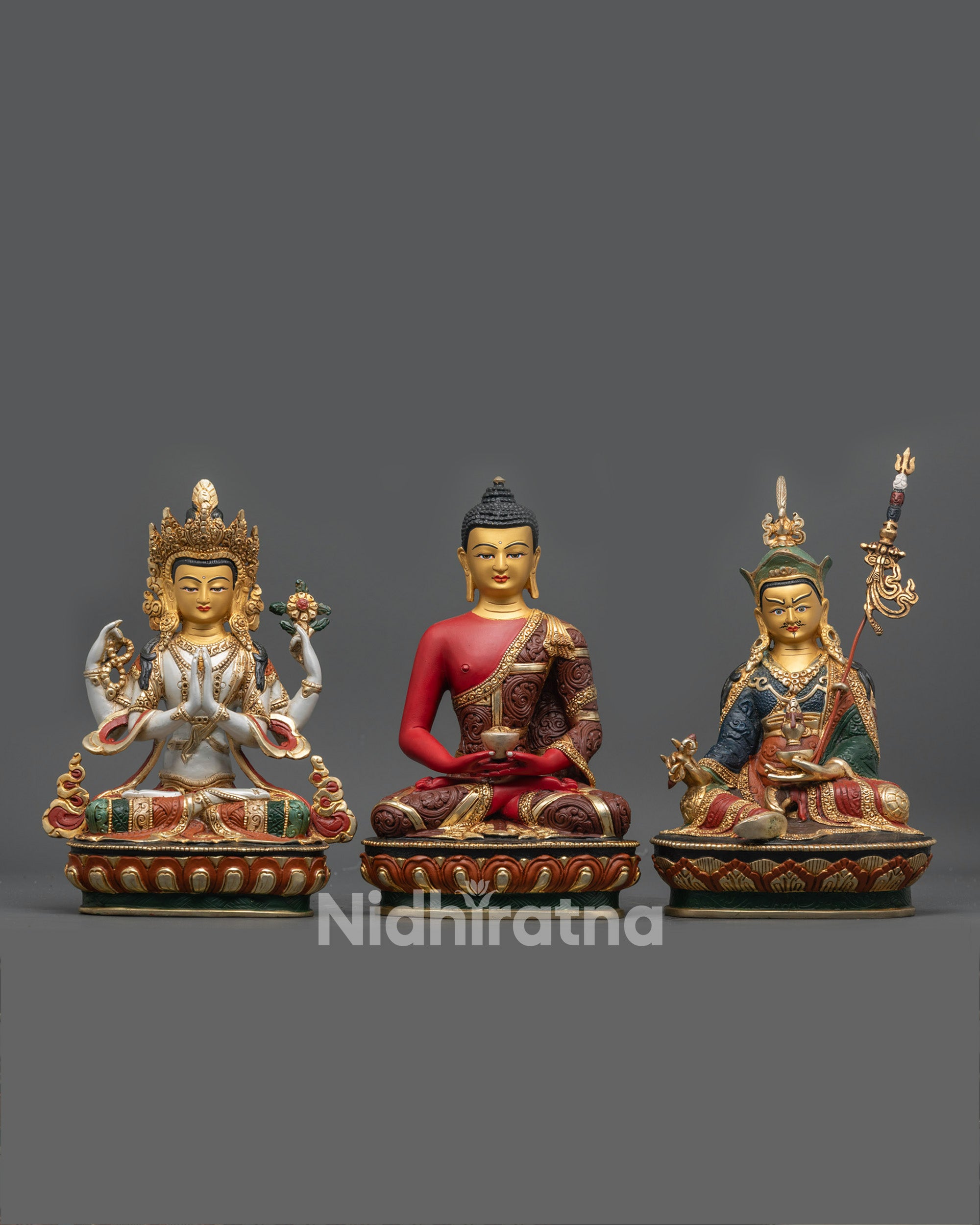 Front view of Sacred Vajrayana Set showing Chenrezig, Amitabha, and Padmasambhava statues