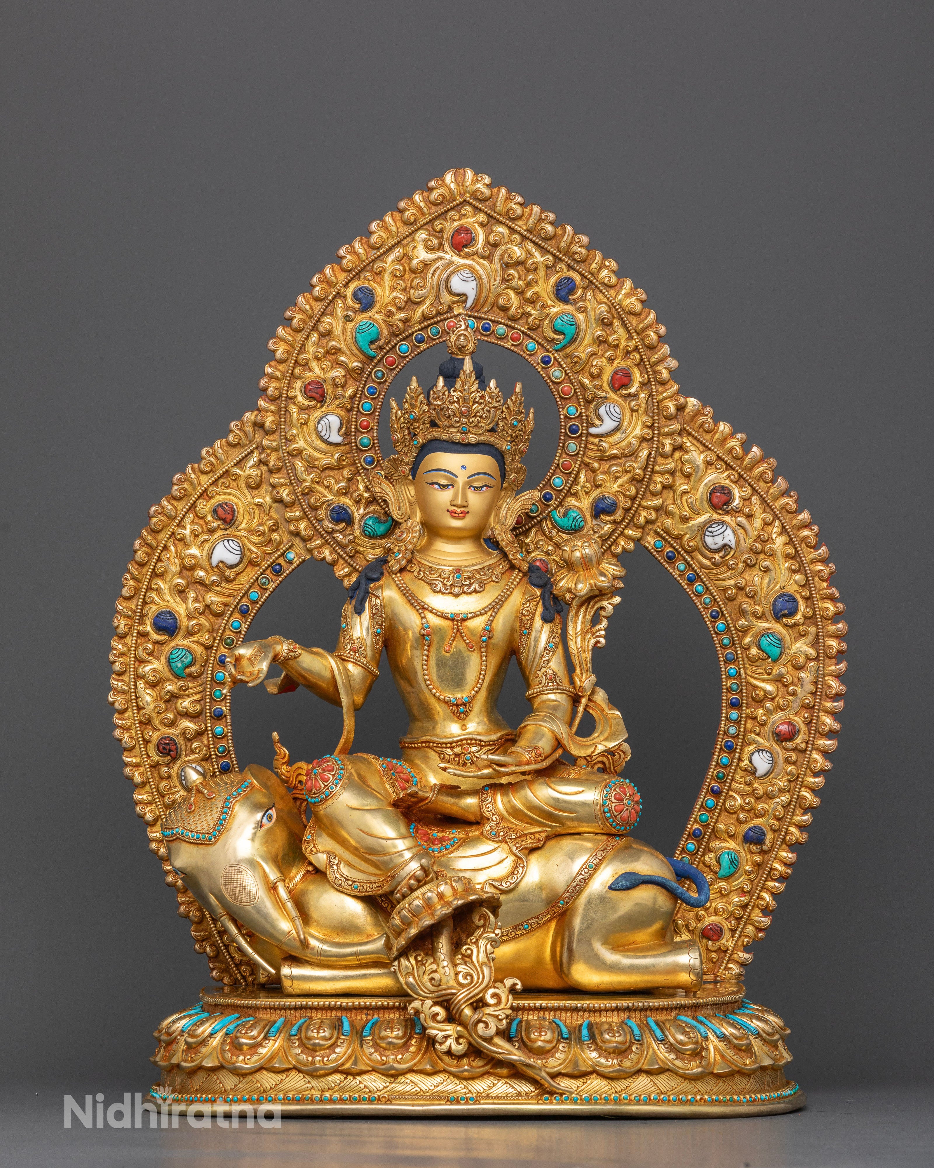 Front view of Samantabhadra Statue on Six-Tusked White Elephant with gold-gilded face