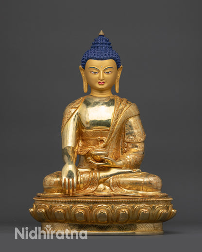 Front view of Seated Shakyamuni Buddha Sculpture on gold fire-gilded base
