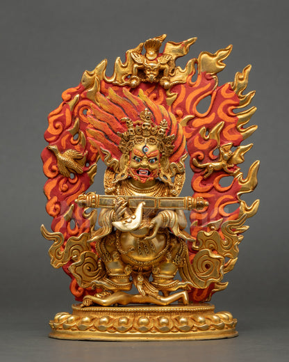Front view of Shakya Mahakala statue standing on lotus seat with wrathful expression