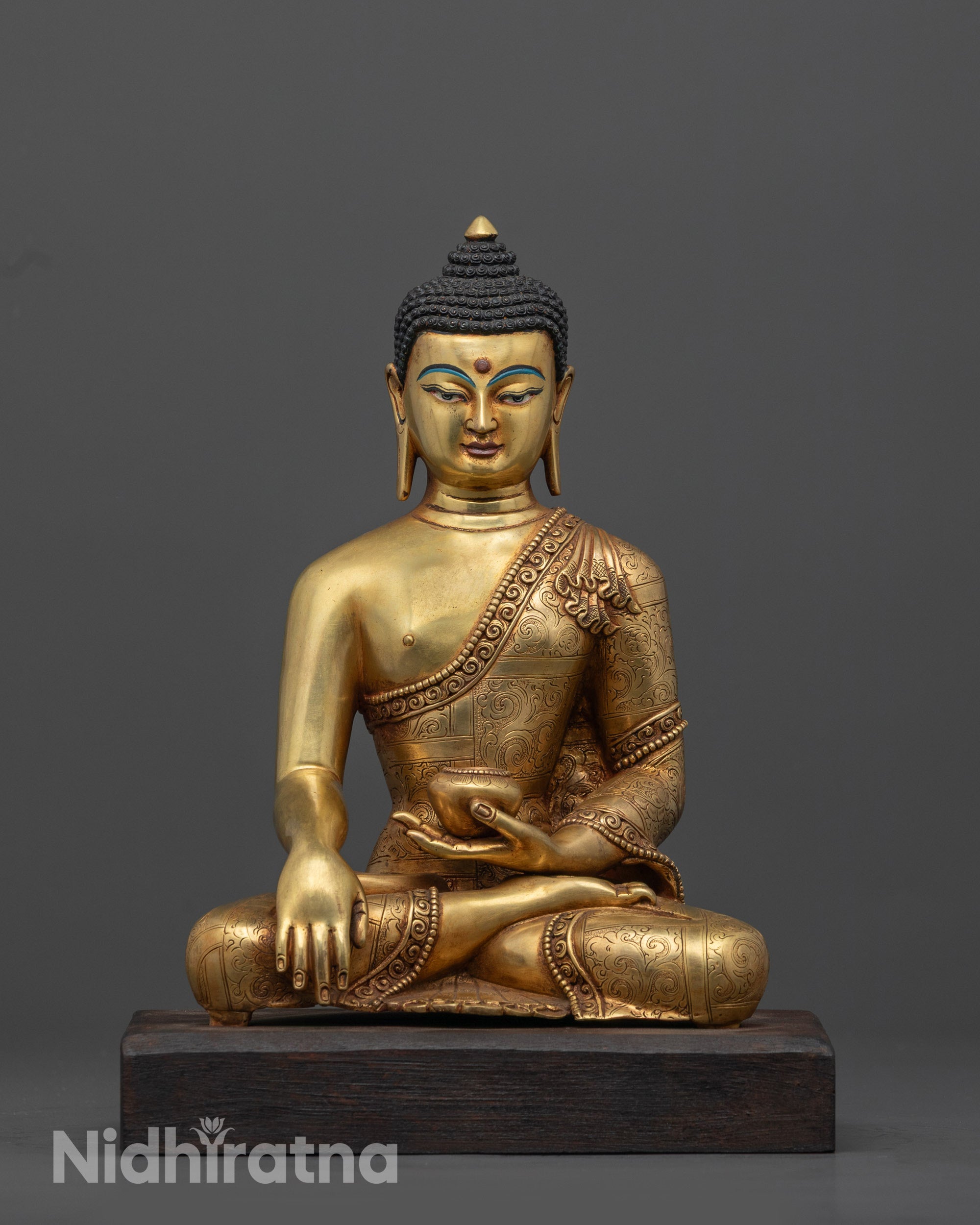 Front view of Shakyamuni Buddha Statue seated on lotus, 24k gold-gilded copper, hand in Bhumisparsha