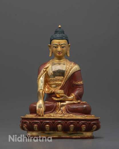 Front view of Shakyamuni Buddha Statue with 24K gold-gilded face and detailed carvings