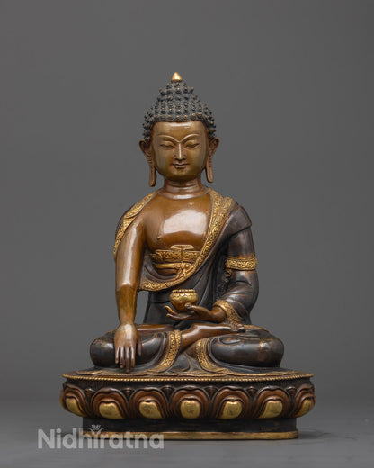 Front view of Shakyamuni Buddha Tibetan Statue with gold-gilded lotus throne