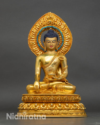 Front view of Shakyamuni Buddha figurine, lost-wax copper sculpture with gold fire-gilding