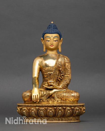 Front view of Shakyamuni Buddha statue, handcrafted copper with gold fire-gilding