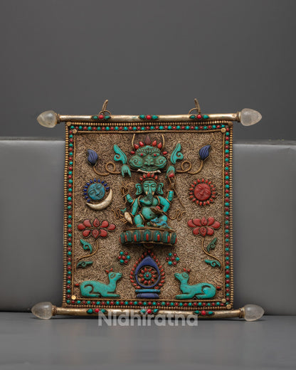 Front view of Shree Ganesh wall hanging with Dharma wheel in copper and gemstone inlay