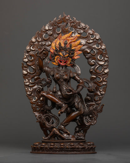 Front view of Simha Mukha lion-faced Dakini statue showing fierce protective energy