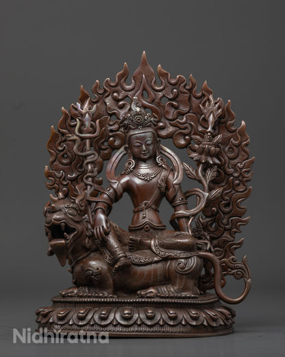 Simhanada Avalokiteshvara Statue in oxidized copper seated on a lion base with vibrant acrylic colors