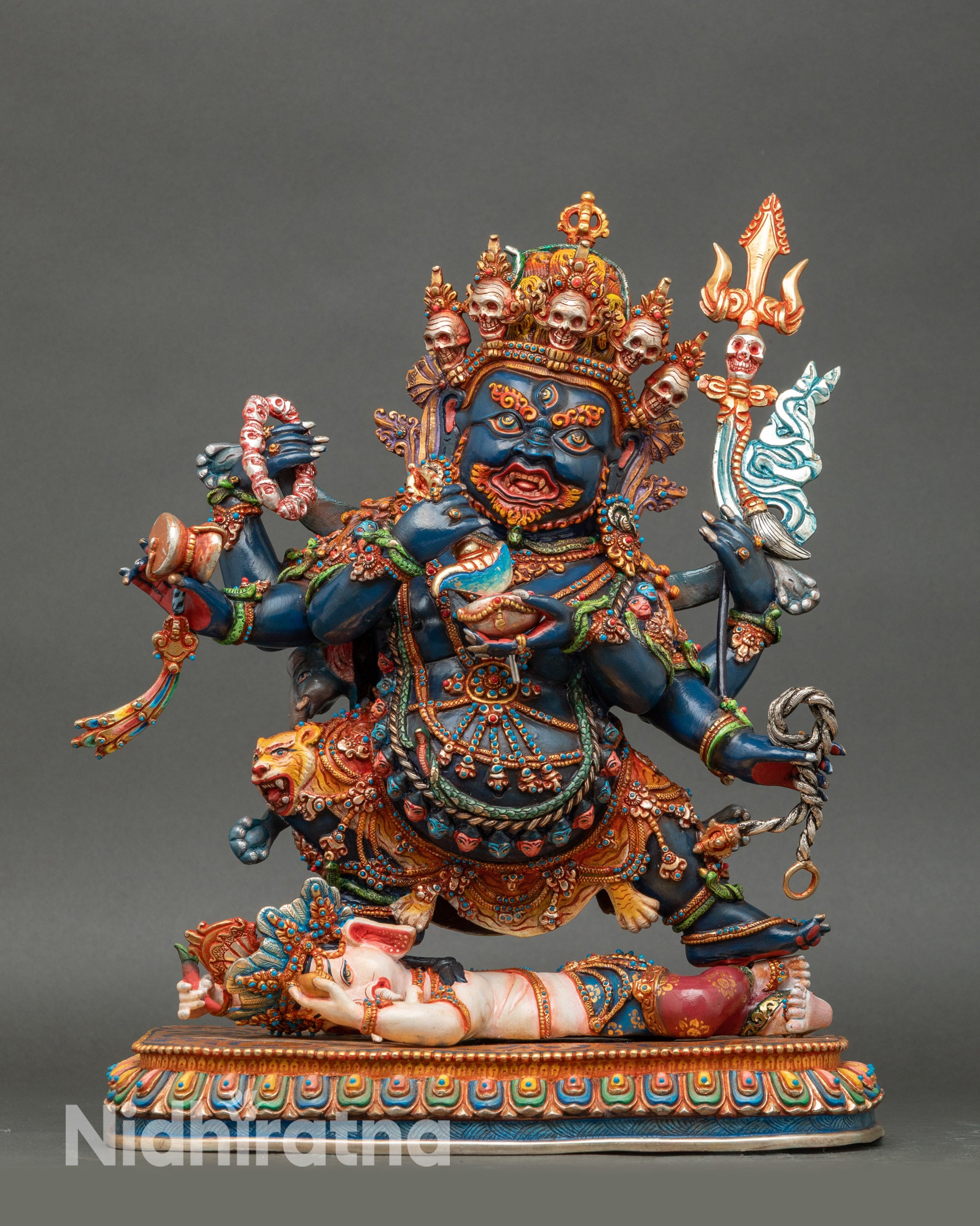 Front view of Six-Armed Mahakala Copper Statue, handcrafted Nepalese protector deity on lotus seat