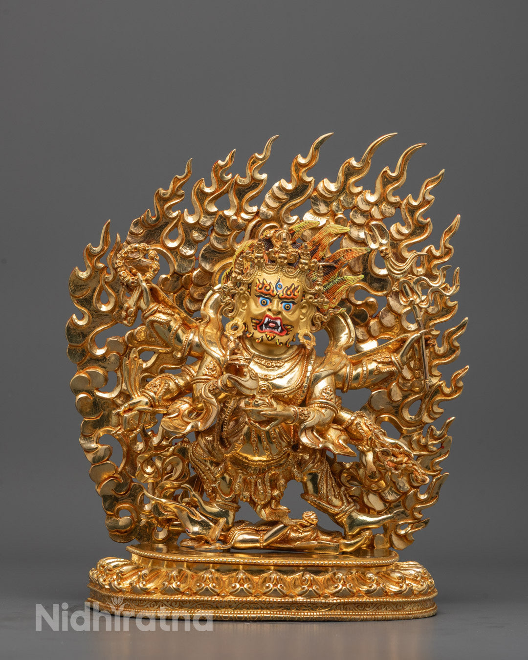 Front view of Six-Armed Mahakala Statue hand-carved from copper