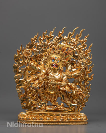 Front view of Six-Armed Mahakala Statue hand-carved from copper