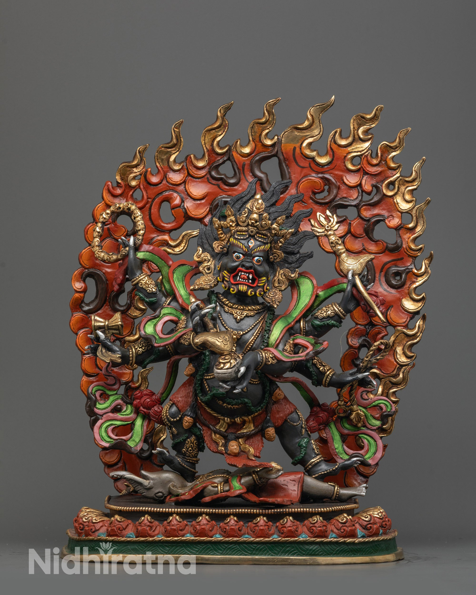 Front view of Six-Armed Mahakala Statue hand-carved from copper with black acrylic body