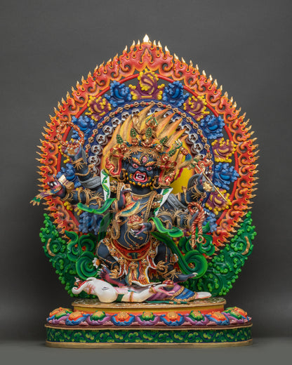 Front view of Six-Armed Mahakala Statue handcrafted in Nepal with wrathful expression and copper detailing