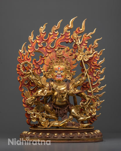 Front view of Six-Armed Mahakala Statue with 24K gold-gilded face and gold fire-gilded body