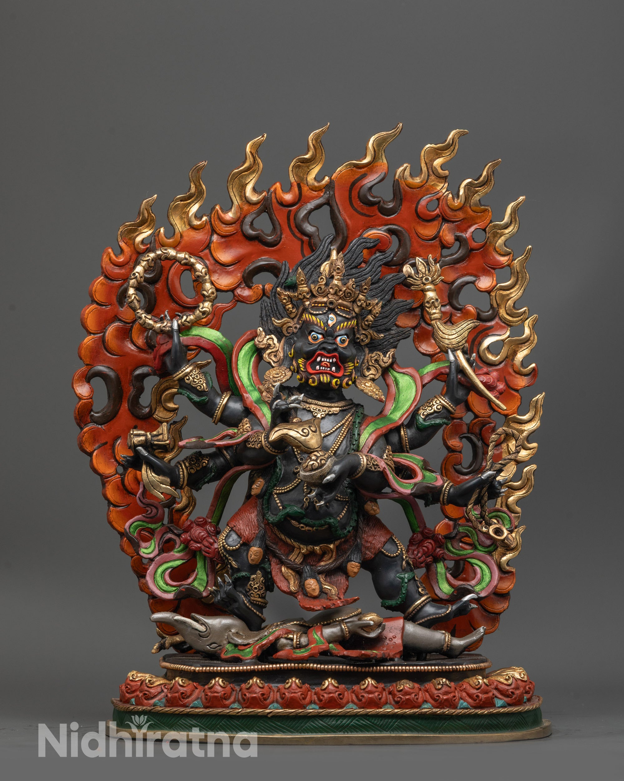 Front view of Six Armed Mahakala Statue | Hand-carved Nepalese copper statue
