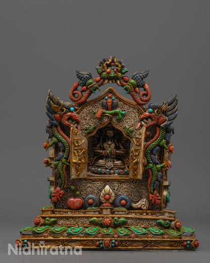 Front view of Spiritual Chenrezig Ghau Box with gold and silver plating
