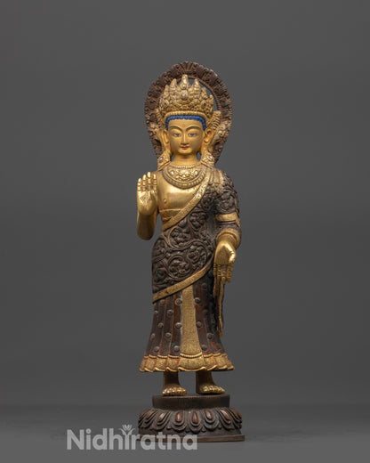 Front view of Standing Dipankara Buddha Statue with gold-gilded face and detailed robes