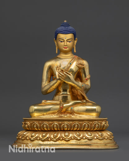 Front view of Suvarnabhadra Vimala Buddha statue on lotus seat in dharmachakra mudra
