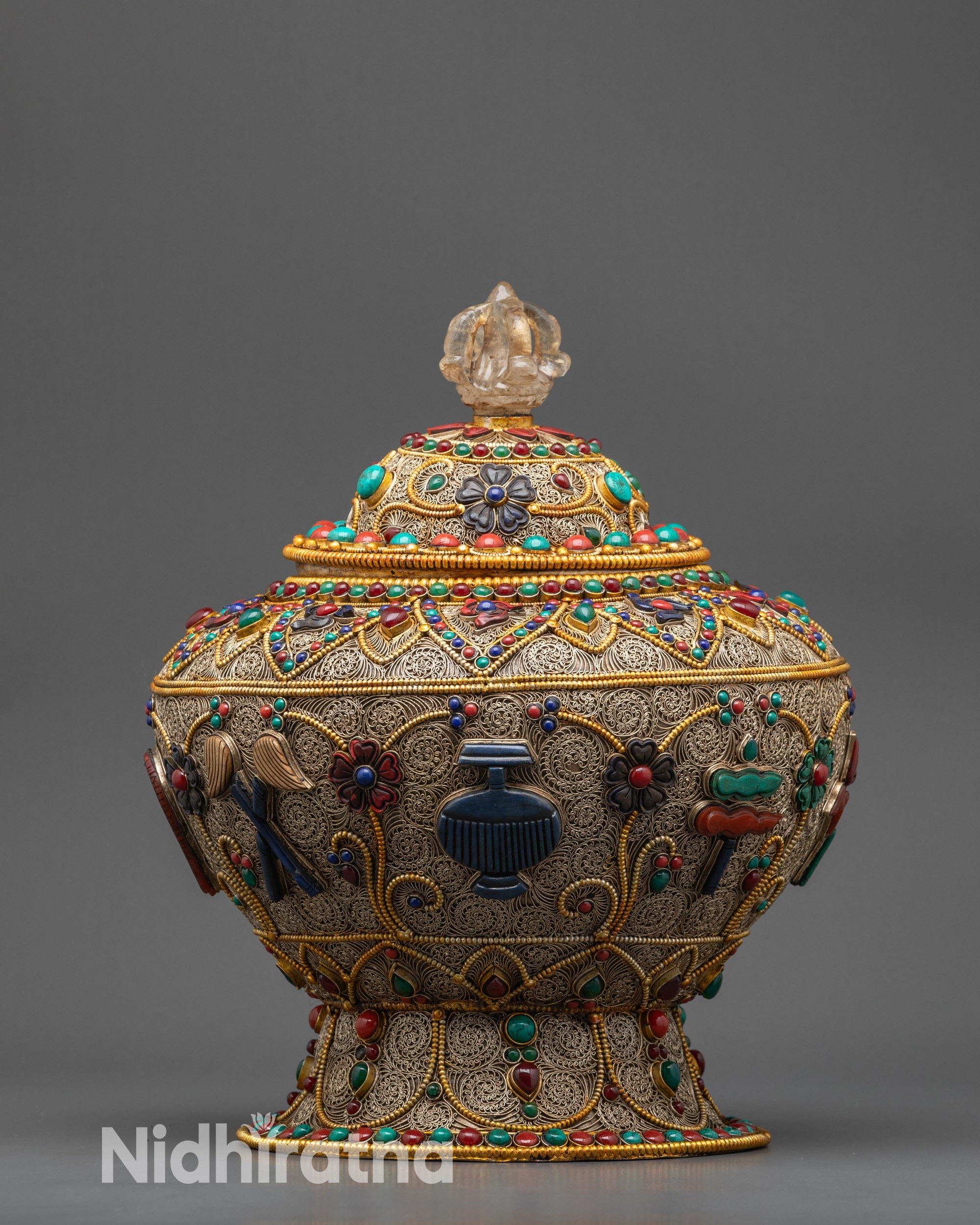 Front view of Symbolic Auspicious Tibetan Rice Pot with gold filigree & sacred stones