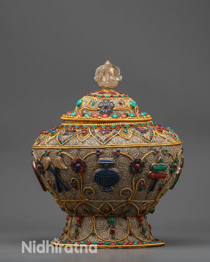 Front view of Symbolic Auspicious Tibetan Rice Pot with gold filigree & sacred stones