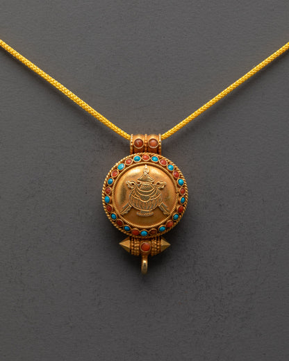 Front view of Tibetan Treasure Vase Locket with gold-gilded body and semi-precious stones