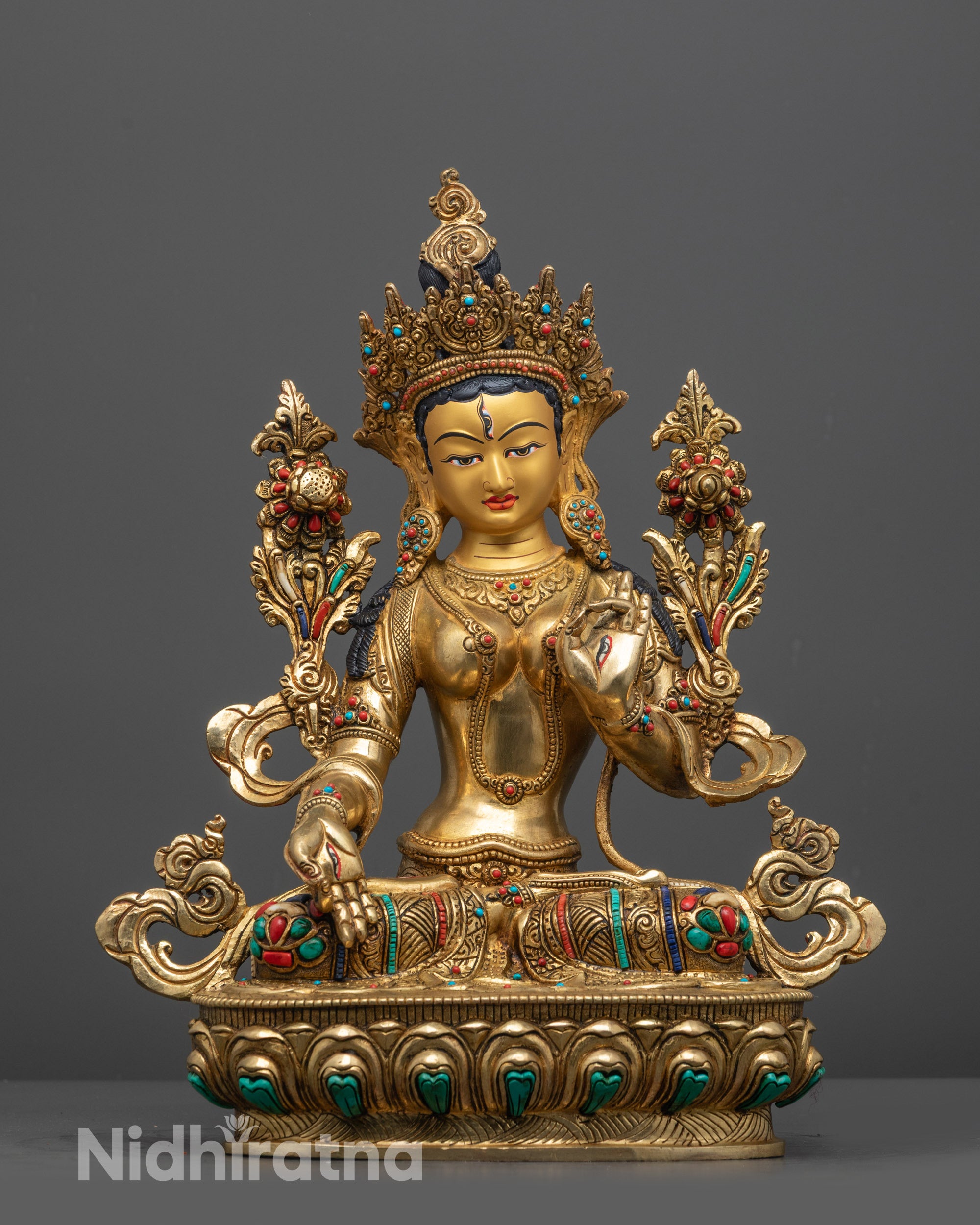 Front view of Tibetan White Tara Statue in copper with 24K gold fire-gilding
