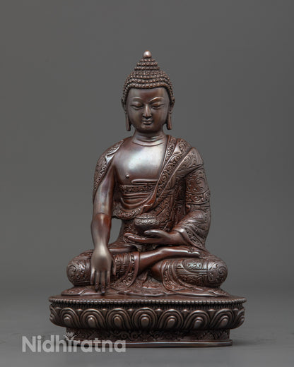 Front view of Traditional Gautama Shakyamuni Buddha Statue with lotus throne and alms bowl