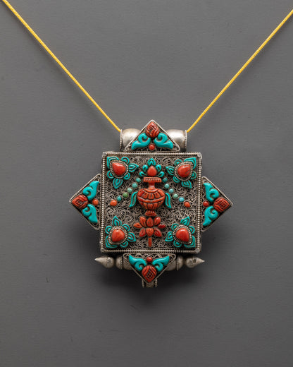 Front view of Treasure Vase Locket with silver body and coral turquoise stones
