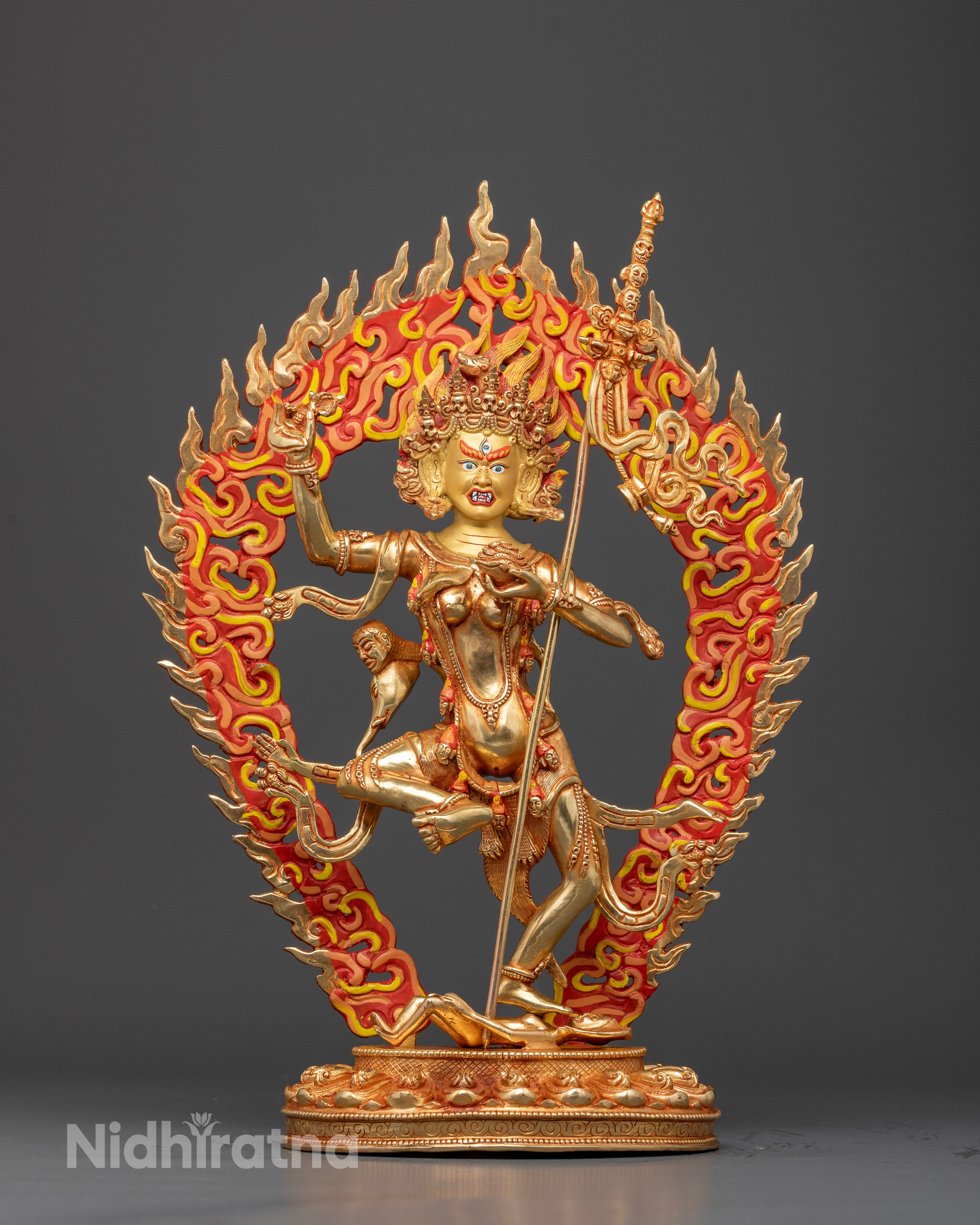Front view of Troma Nagmo Black Wrathful Mother statue with kartika and kapala details