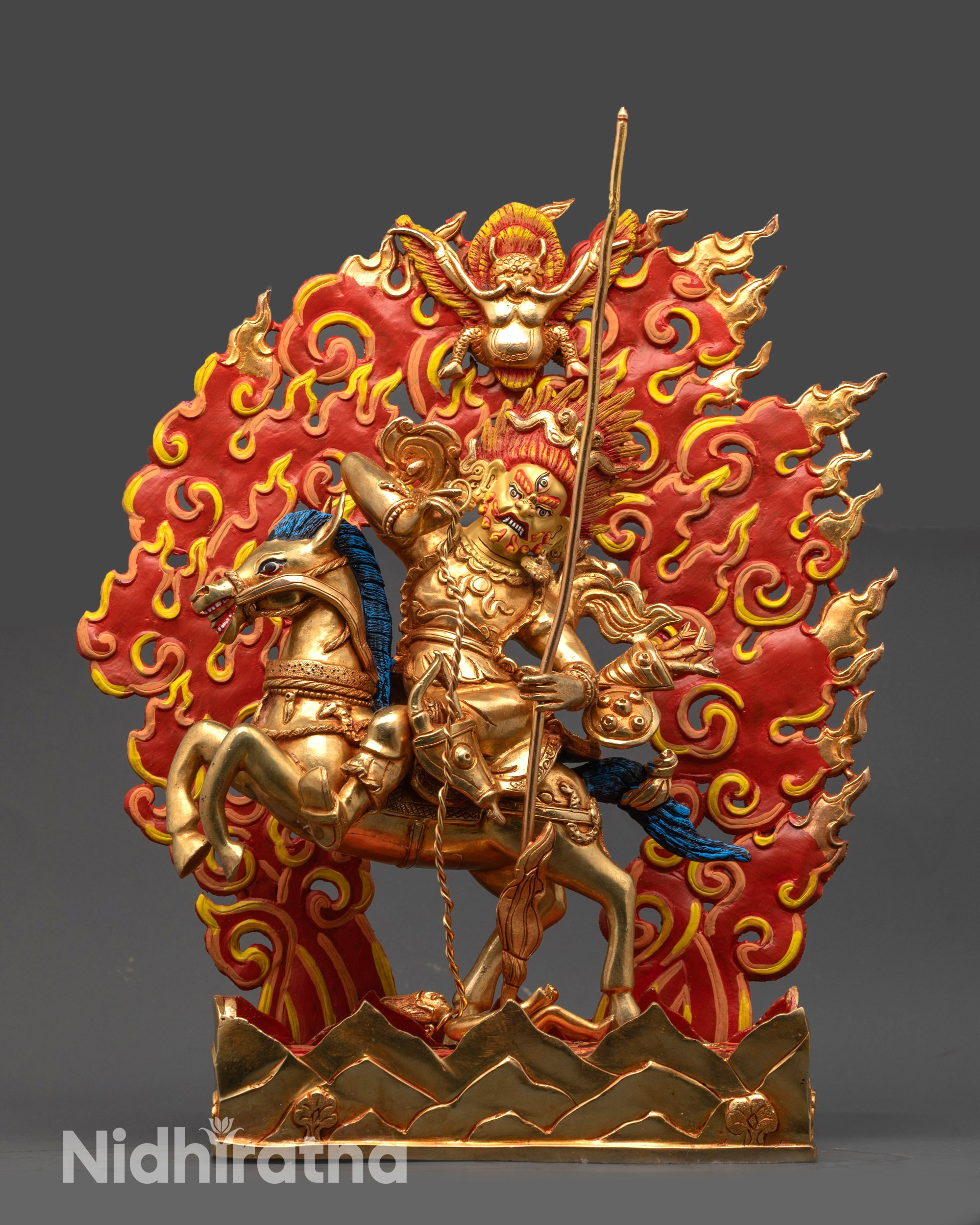 Front view of Tsengo Rolpa Chudan Statue with gold-gilded face and 24K fire-gilded body