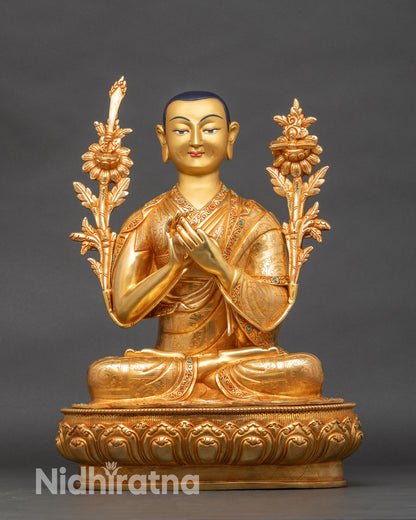 Front view of Tsongkhapa statue, seated on lotus throne, handcrafted Nepalese Buddhist art