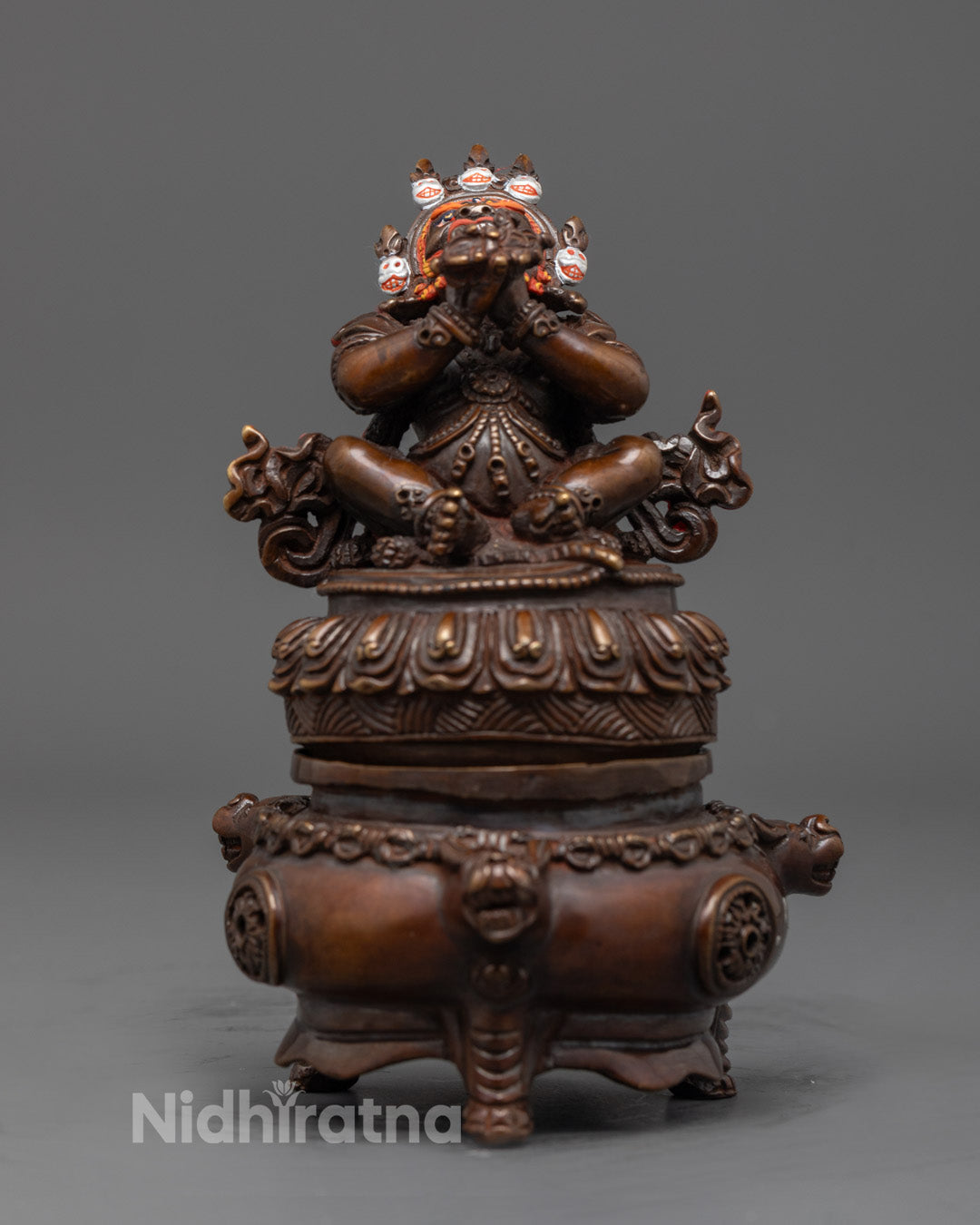 Front view of Vajradhaka Statue with oxidized copper body and vivid acrylic colors