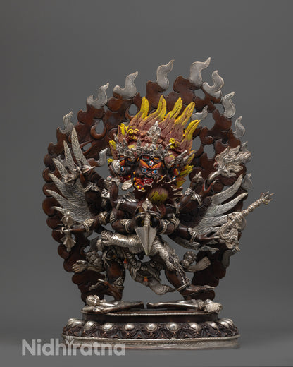 Front view of Vajrakilaya Statue handcrafted in oxidized copper with silver-plated finish