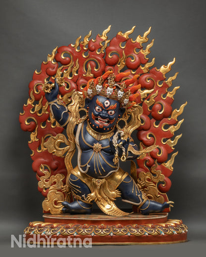 Front view of Vajrapani Bodhisattva statue, Nepalese copper with gold fire gilding