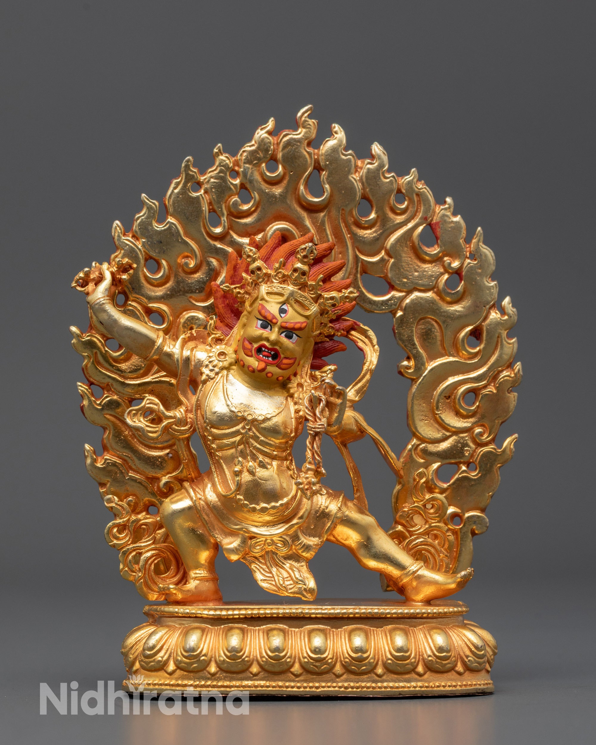 Front view of Vajrapani Buddha Statue in fierce expression holding vajra