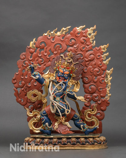Front view of Vajrapani statue, handcrafted copper and gold Buddhist deity from Nepal