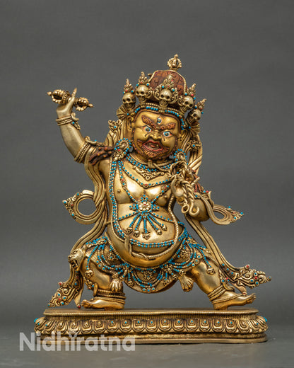 Front view of Vajrapani statue, handcrafted copper with gold fire-gilded details