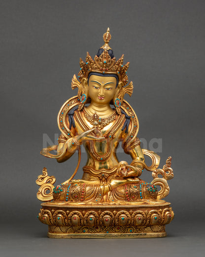 Front view of Vajrasattva Statue handcrafted Nepalese meditation deity with gold gilding
