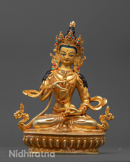 Front view of Vajrasattva Statue with gold-gilded face and lotus seat details